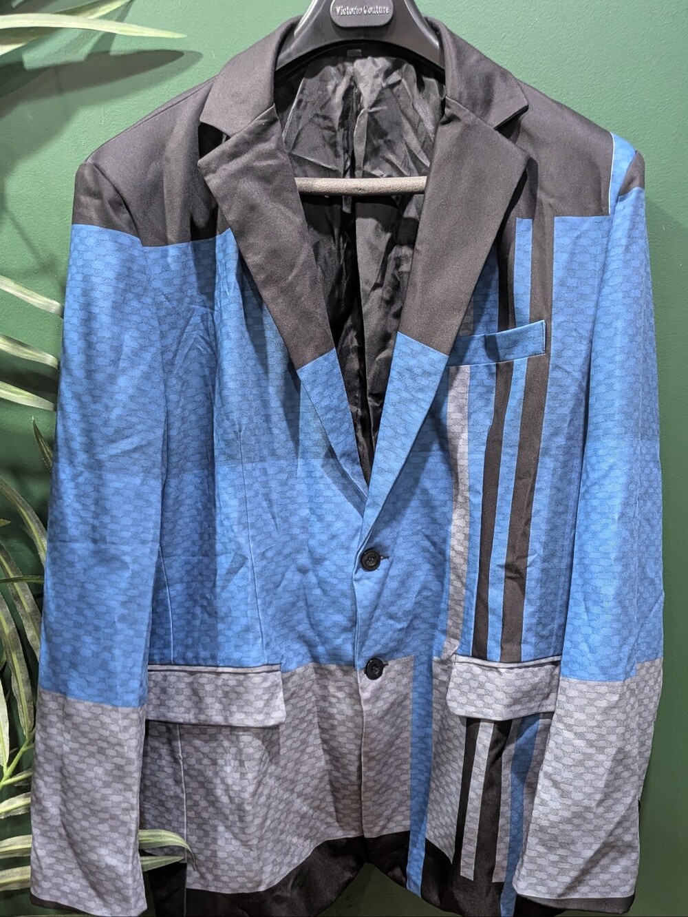 Blue & Gray Men's Patterned Suit Size XXL